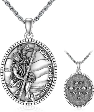 CEKAMA 925 Sterling Silver Patron Saint Medal Necklace For Men & Women Delicate Texture Protect Us Amulet Pendant With 20/22/24 Inches Chain Jewelry for Christmas Valentine Birthday