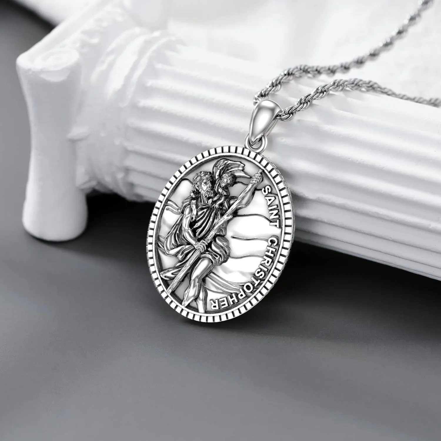 CEKAMA 925 Sterling Silver Patron Saint Medal Necklace For Men & Women Delicate Texture Protect Us Amulet Pendant With 20/22/24 Inches Chain Jewelry for Christmas Valentine Birthday