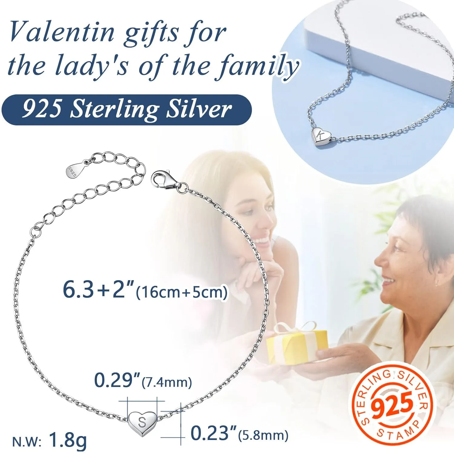 ChainsProMax Solid Silver Heart Initial Bracelet With S925 Stamp, Adjusted in Size (6.3-8.3"), Delicate Friendship Gift for Lady-Send Gift Box