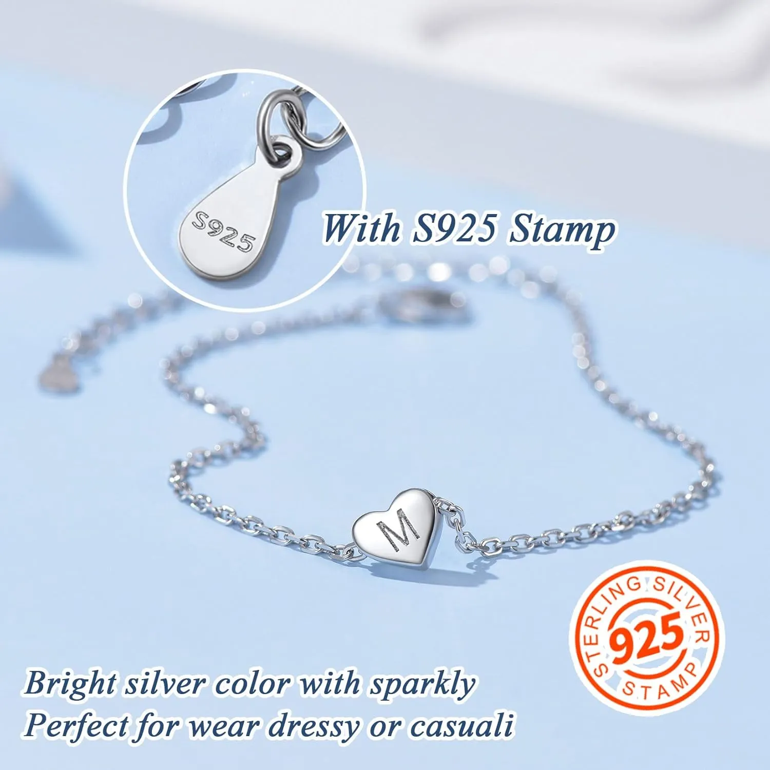 ChainsProMax Solid Silver Heart Initial Bracelet With S925 Stamp, Adjusted in Size (6.3-8.3"), Delicate Friendship Gift for Lady-Send Gift Box