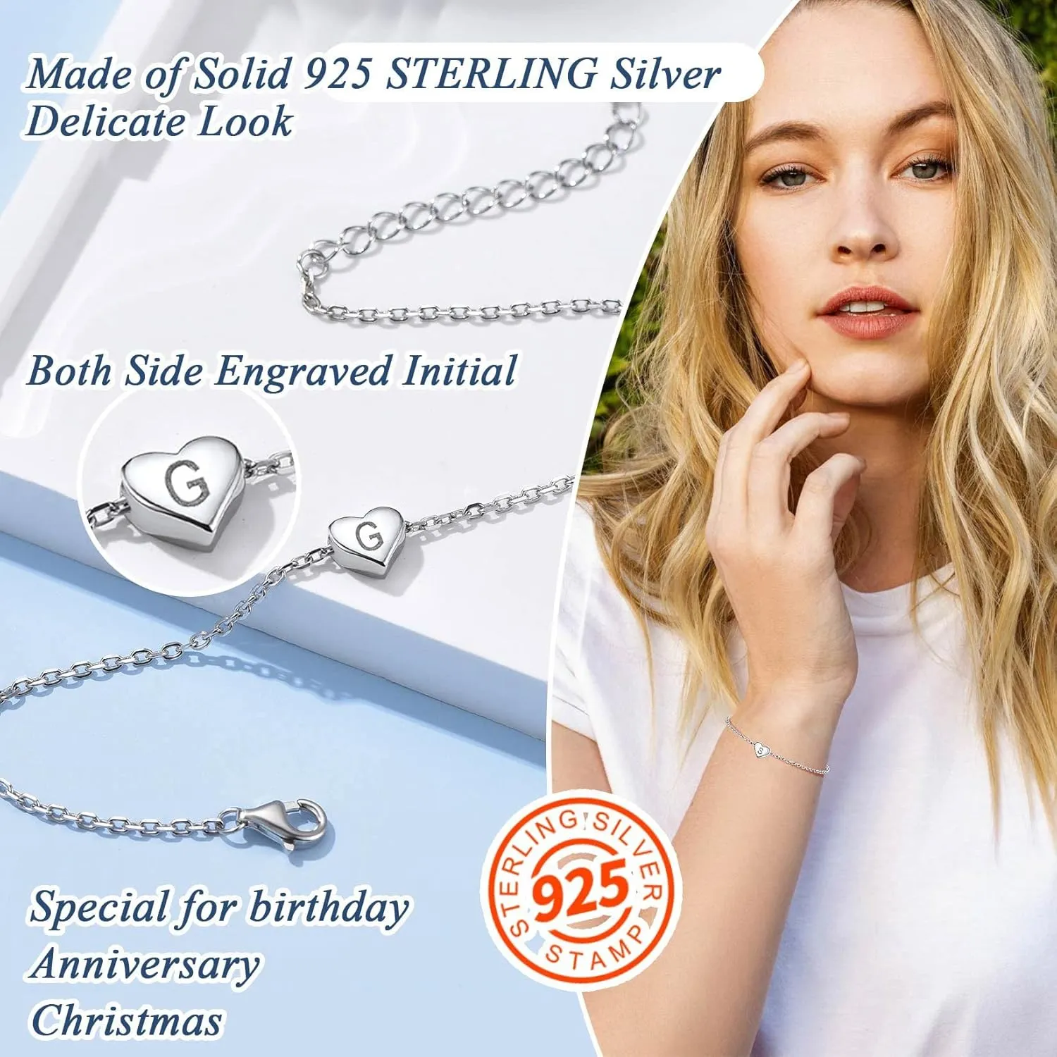 ChainsProMax Solid Silver Heart Initial Bracelet With S925 Stamp, Adjusted in Size (6.3-8.3"), Delicate Friendship Gift for Lady-Send Gift Box