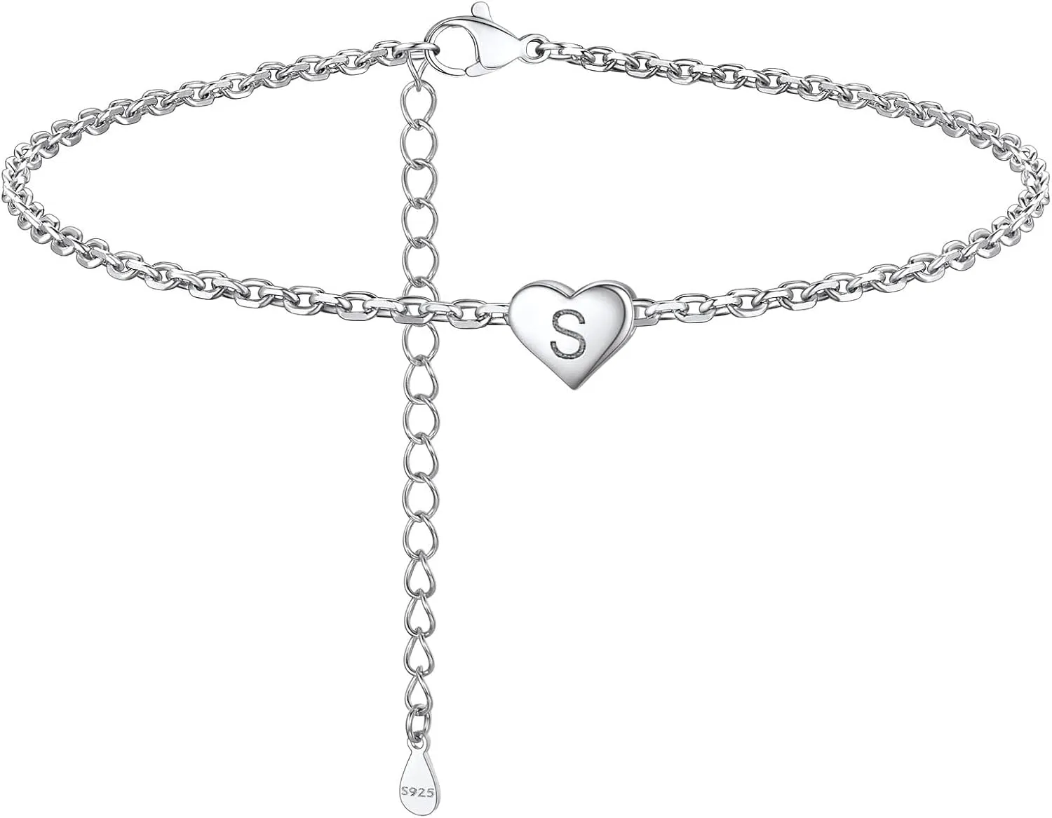 ChainsProMax Solid Silver Heart Initial Bracelet With S925 Stamp, Adjusted in Size (6.3-8.3"), Delicate Friendship Gift for Lady-Send Gift Box