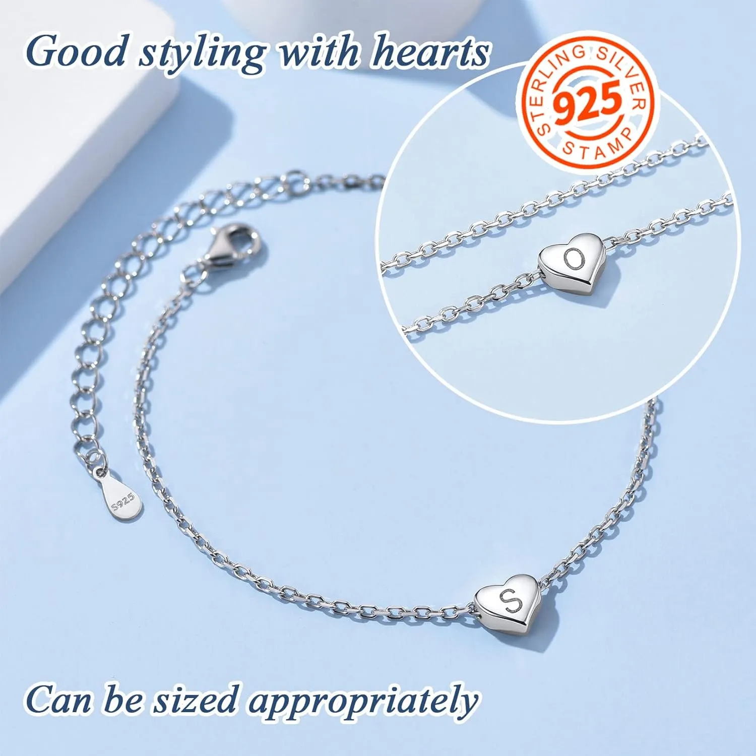 ChainsProMax Solid Silver Heart Initial Bracelet With S925 Stamp, Adjusted in Size (6.3-8.3"), Delicate Friendship Gift for Lady-Send Gift Box