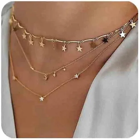 Chargances Bohemia Moon and Stars Necklace for Women Gold Laying Choker Necklace for Weeding Dating Prom Festival Delicate stars Moon Crescent Jewelry Gift for Women