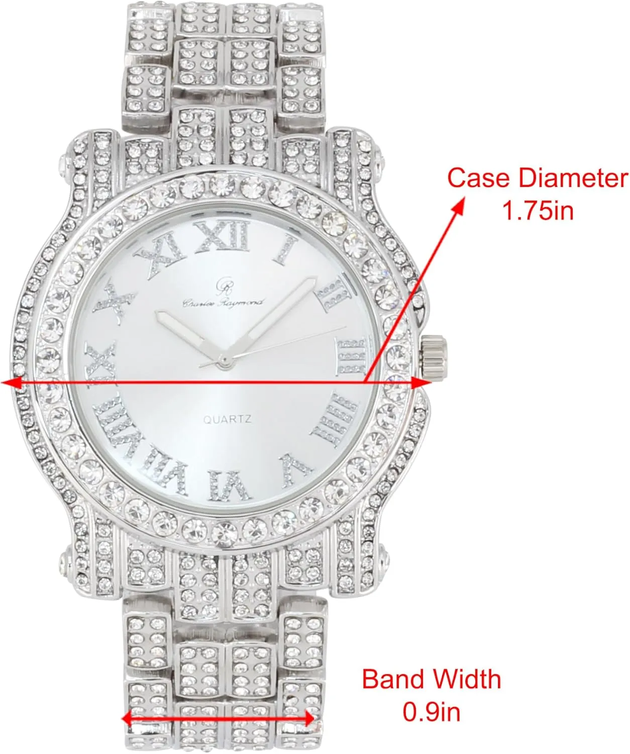 Charles Raymond Bling-ed Out Ultimate Hip Hop Royalty Mens Watch w/Easy Reader Roman Numeral or Iced Out Diamond Time Indicators - Bright Colored Dials - L0504