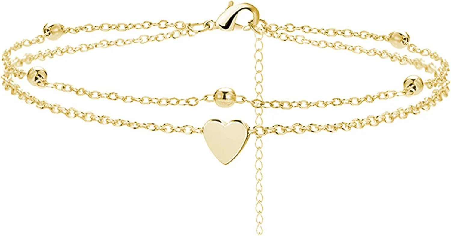 Charm Bracelet for Women, Delicate Anklet Adjustable Portable Double Layer Love Heart Women Feet Chain for Valentine's Day Gift Birthday Present