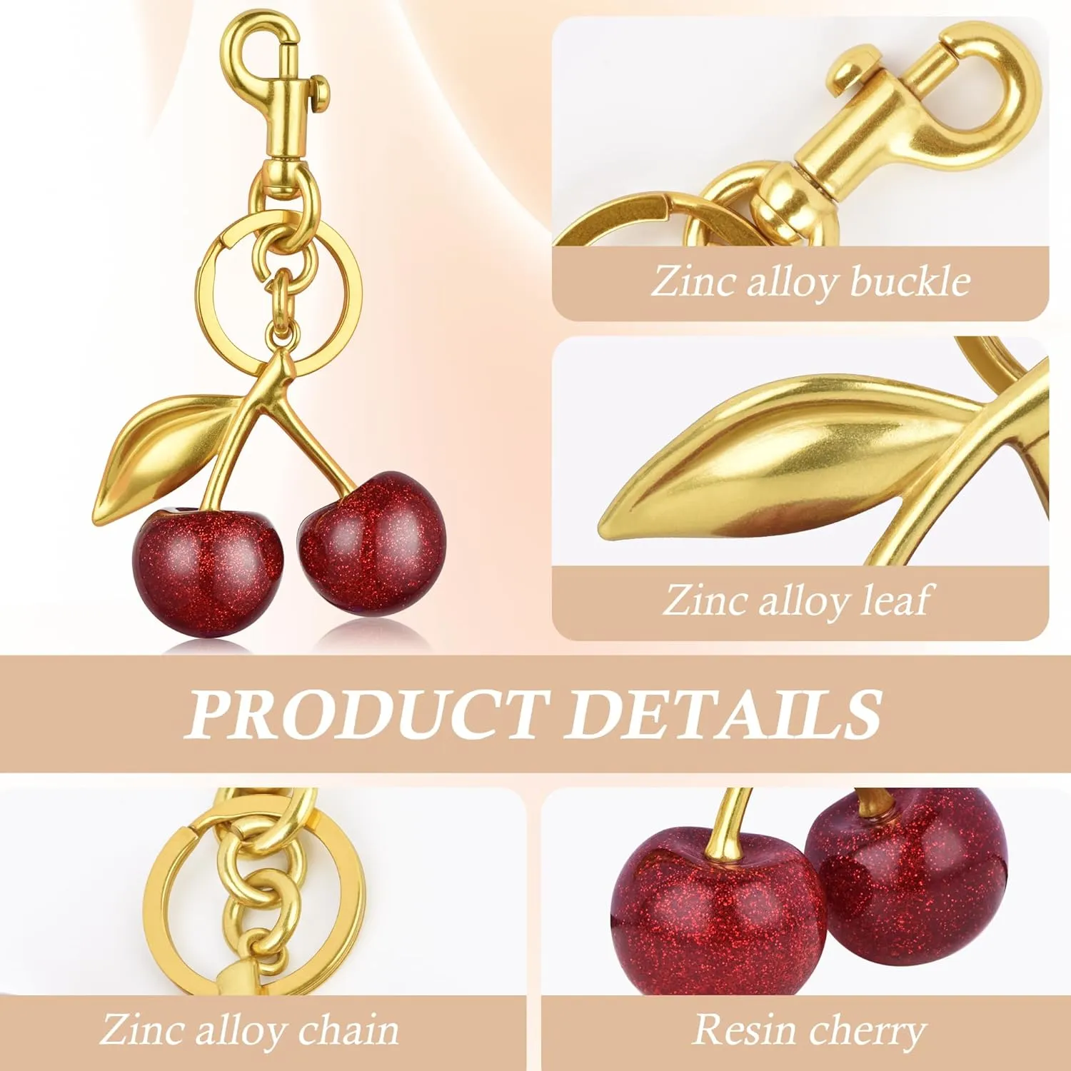 Cherry Keychain,Bright Cherry Bag Charms,with Keychain and Clip-Glittering Resin&Metal Accents,Fit for Bags&Wallets