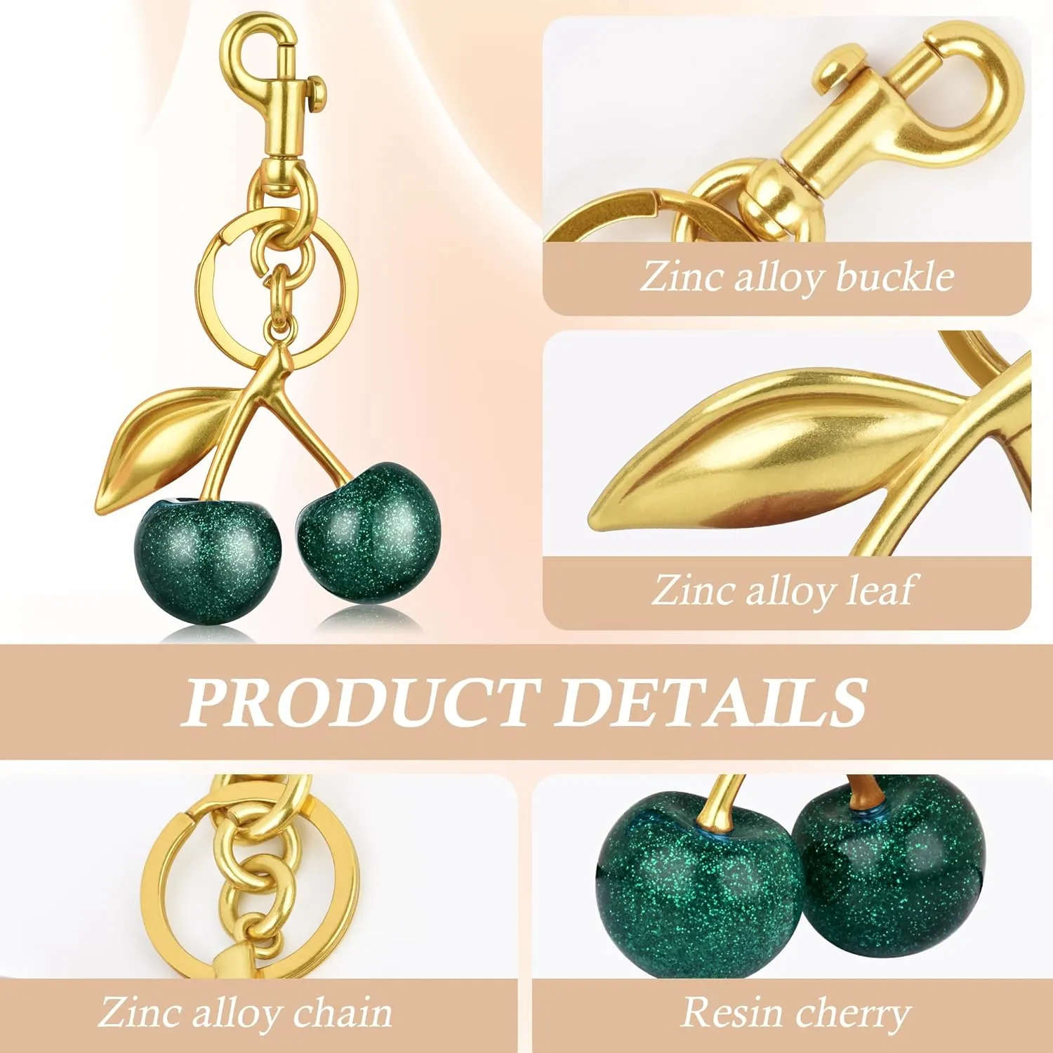Cherry Keychain,Bright Cherry Bag Charms,with Keychain and Clip-Glittering Resin&Metal Accents,Fit for Bags&Wallets