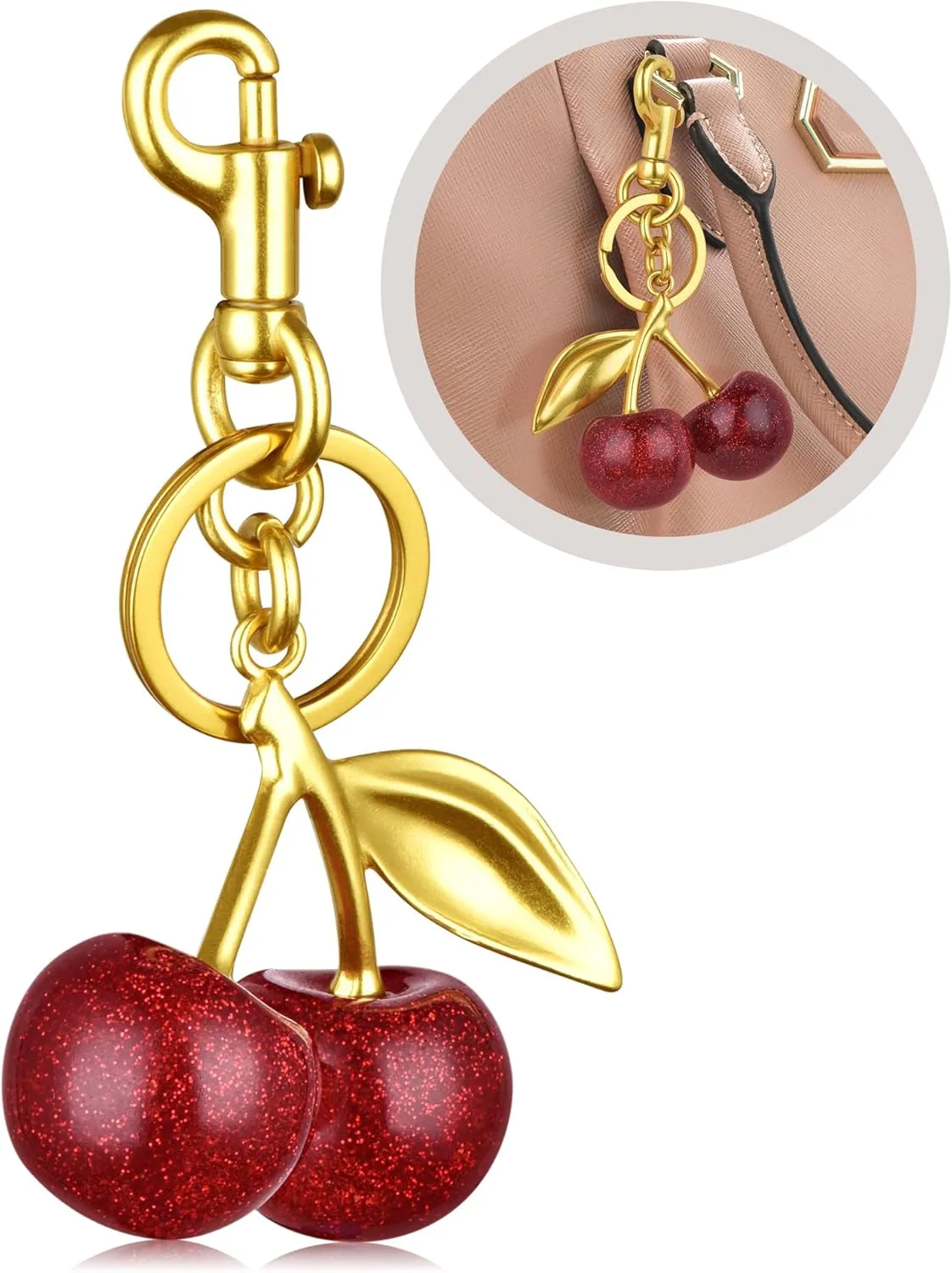 Cherry Keychain,Bright Cherry Bag Charms,with Keychain and Clip-Glittering Resin&Metal Accents,Fit for Bags&Wallets
