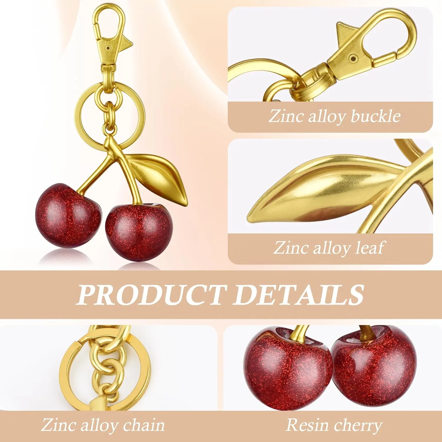 Cherry Keychain,Bright Cherry Bag Charms,with Keychain and Clip-Glittering Resin&Metal Accents,Fit for Bags&Wallets
