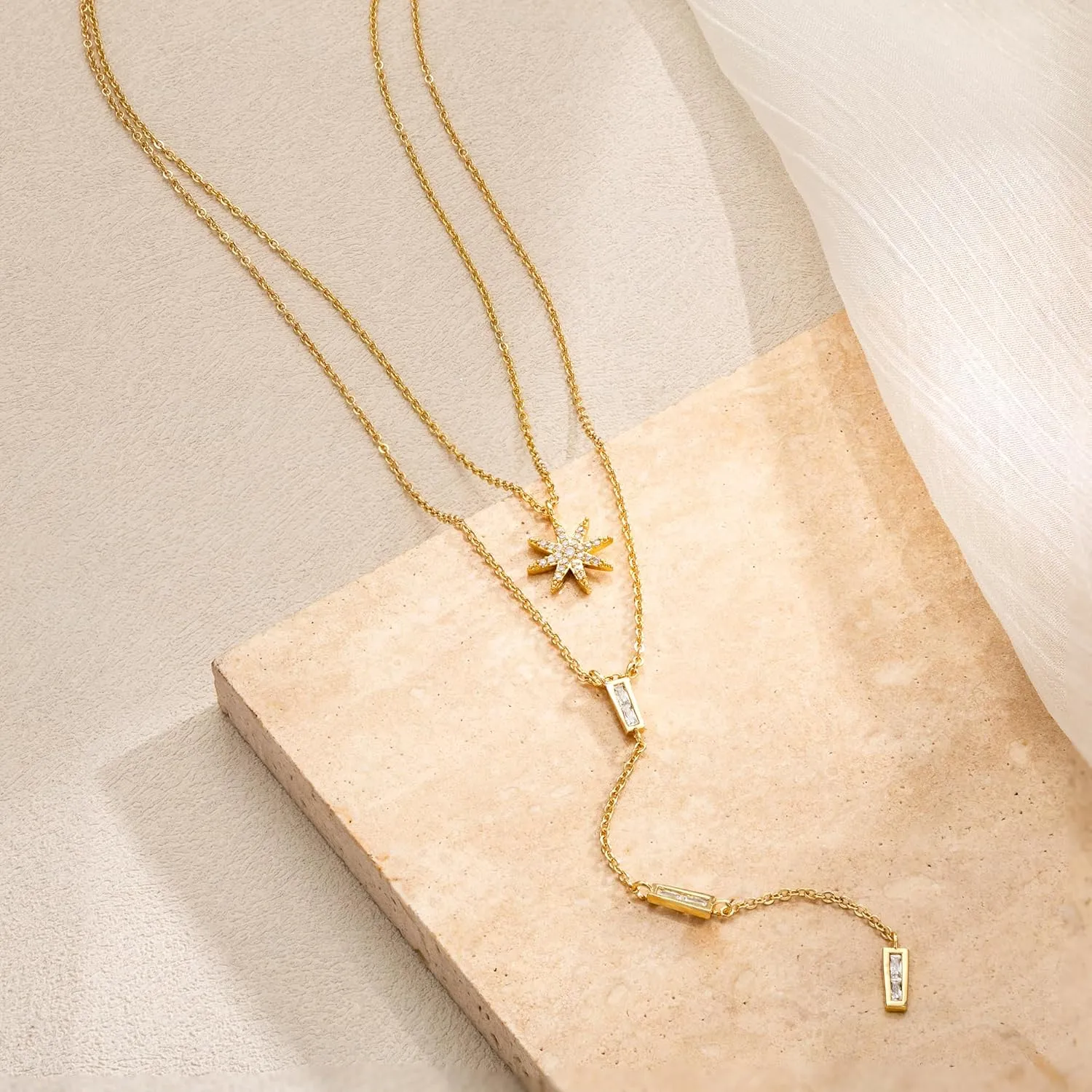 CHESKY Long Necklaces for Women, 14k Gold Plated/Streling Silver Lariat Necklace Dainty Statement Prom Necklace Rosary Cross Sun Drop Pendant Dangle Necklace Gold Prom Jewelry for Women Gifts