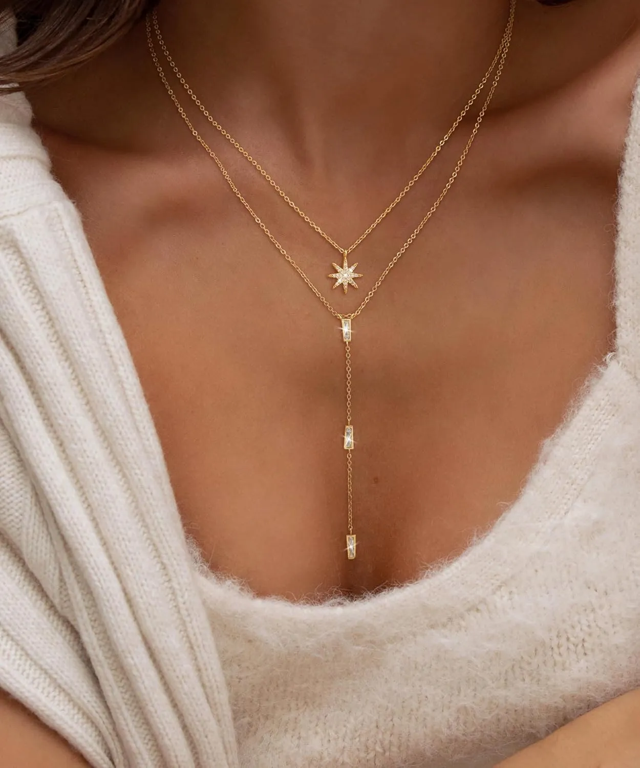 CHESKY Long Necklaces for Women, 14k Gold Plated/Streling Silver Lariat Necklace Dainty Statement Prom Necklace Rosary Cross Sun Drop Pendant Dangle Necklace Gold Prom Jewelry for Women Gifts