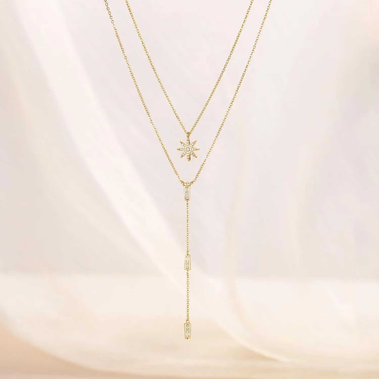 CHESKY Long Necklaces for Women, 14k Gold Plated/Streling Silver Lariat Necklace Dainty Statement Prom Necklace Rosary Cross Sun Drop Pendant Dangle Necklace Gold Prom Jewelry for Women Gifts