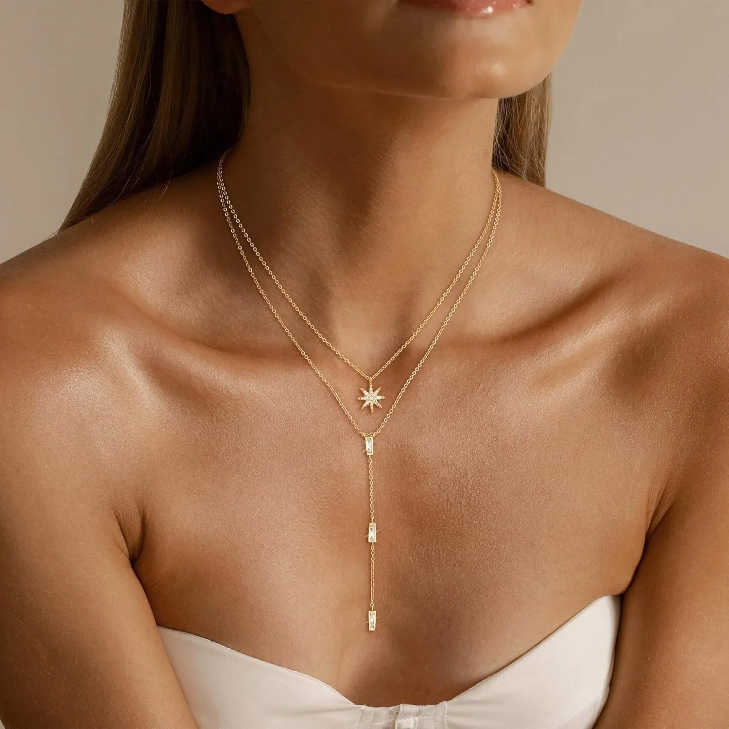 CHESKY Long Necklaces for Women, 14k Gold Plated/Streling Silver Lariat Necklace Dainty Statement Prom Necklace Rosary Cross Sun Drop Pendant Dangle Necklace Gold Prom Jewelry for Women Gifts