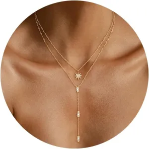CHESKY Long Necklaces for Women, 14k Gold Plated/Streling Silver Lariat Necklace Dainty Statement Prom Necklace Rosary Cross Sun Drop Pendant Dangle Necklace Gold Prom Jewelry for Women Gifts