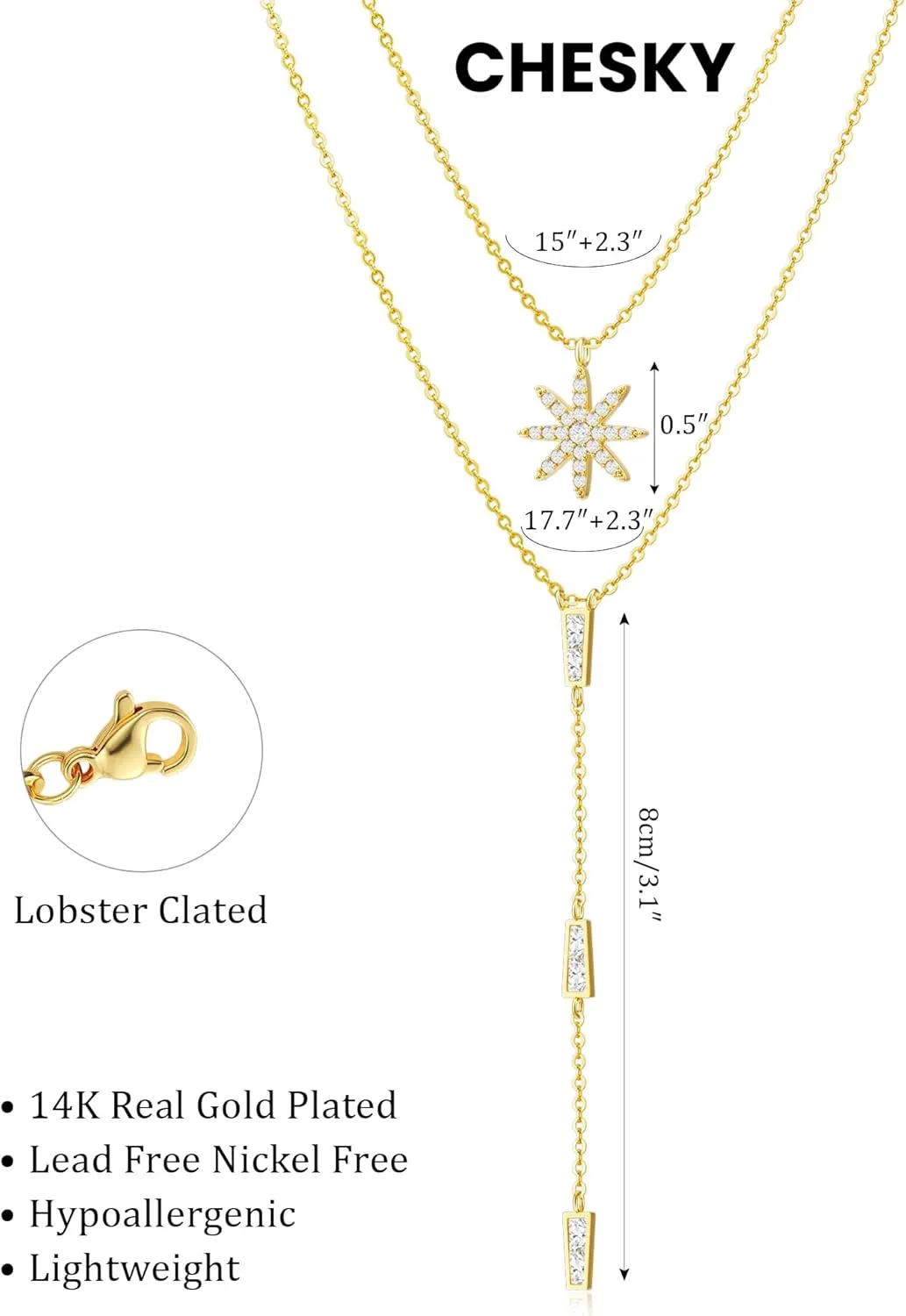 CHESKY Long Necklaces for Women, 14k Gold Plated/Streling Silver Lariat Necklace Dainty Statement Prom Necklace Rosary Cross Sun Drop Pendant Dangle Necklace Gold Prom Jewelry for Women Gifts