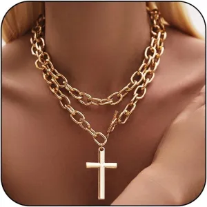 Chunky Gold Cross Necklace for Women Layered Necklace Retro Big Gold Cross Pendant Necklace Statement Chunky Chain Choker Necklaces Thick OT Buckle Chain Long Necklace Jewelry