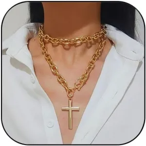 Chunky Gold Cross Necklace for Women Puffy Heart Cross Pendant Necklace for Women Gold Statement Jewelry