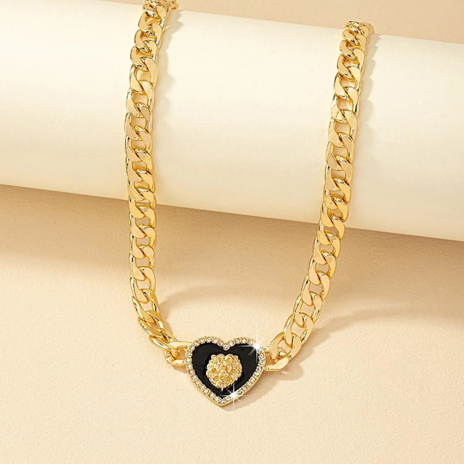 Chunky Gold Heart Necklace for Women Chunky Heart Necklace Lion Head Necklace Silver Heart Choker Rhinestone Cuban Link Chain Punk Statement Jewelry