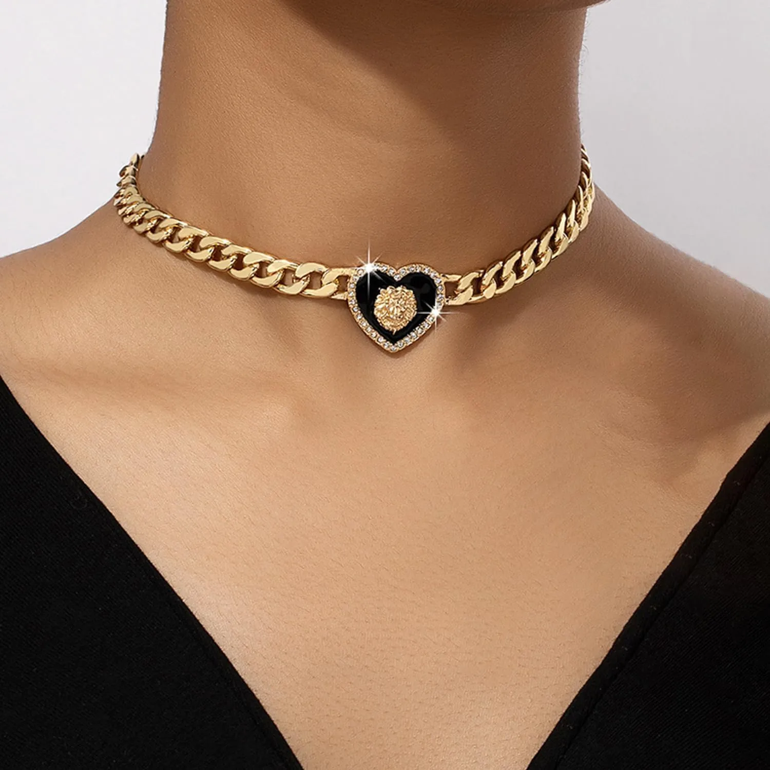 Chunky Gold Heart Necklace for Women Chunky Heart Necklace Lion Head Necklace Silver Heart Choker Rhinestone Cuban Link Chain Punk Statement Jewelry