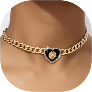 Chunky Gold Heart Necklace for Women Chunky Heart Necklace Lion Head Necklace Silver Heart Choker Rhinestone Cuban Link Chain Punk Statement Jewelry