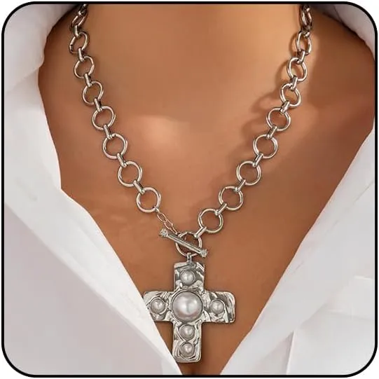 Chunky Gold Necklace for Women Trendy Chunky Cross Necklace for Women Gold Statement Necklace Silver Chunky Necklaces for Women Big Cross Necklace Large Gold Cross Necklace for Women Chunky Gold Jewelry