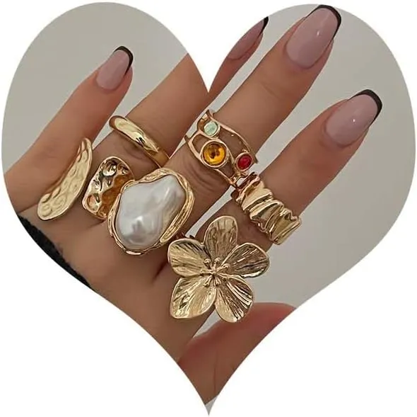 Chunky Gold Rings for Women Gold Flower Ring Set Dainty Gold Stackable Thin Rings Bold Thick Statement Rings Gold Plated Jewelry