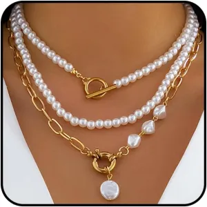 Chunky Layered Pearls Pendant Necklace Set,14K Gold Half Pearl Beaded Choker Paperclip Chain OT Buckle Clavicle Necklace Trendy Preppy Jewelry Gifts