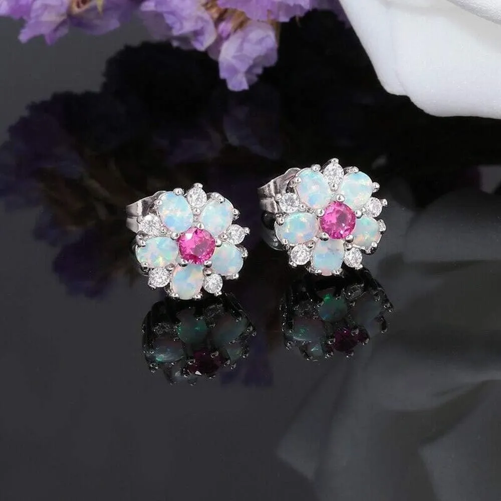CiNily Flower Earrings,Opal Stud Earrings Sterling Silver or White Gold/Rose Gold Plated Ladies Flower Stud Earrings Cute Unique Earrings for Girls