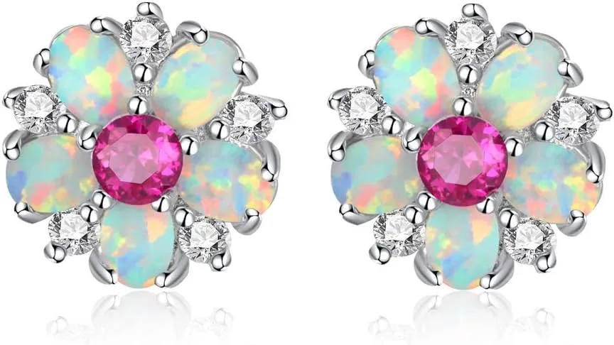 CiNily Flower Earrings,Opal Stud Earrings Sterling Silver or White Gold/Rose Gold Plated Ladies Flower Stud Earrings Cute Unique Earrings for Girls