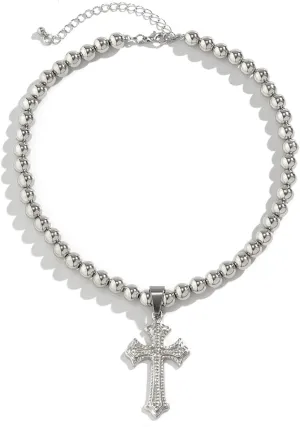 CJIAYUJEW Black Chenille Rope Cross Necklace Silver Geometric Bead Cross Pendant Necklace Dainty Cross Charm Link Chain Choker Delicate Faith Jewelry for Women Men