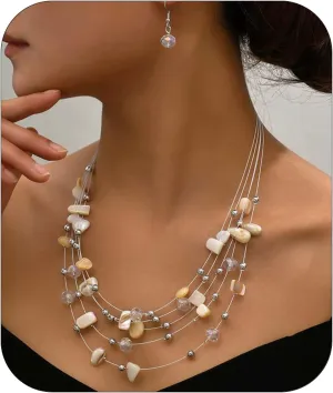 CJIAYUJEW Layered Beaded Necklace for Women Colorful Multi-Layer Statement Necklace and Earrings Set Fashion Costumes Jewelry Sets for Women