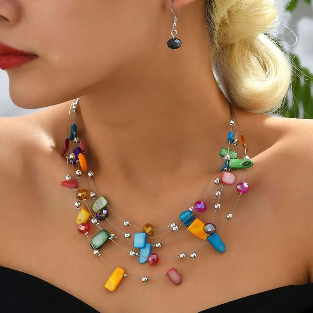 CJIAYUJEW Layered Beaded Necklace for Women Colorful Multi-Layer Statement Necklace and Earrings Set Fashion Costumes Jewelry Sets for Women