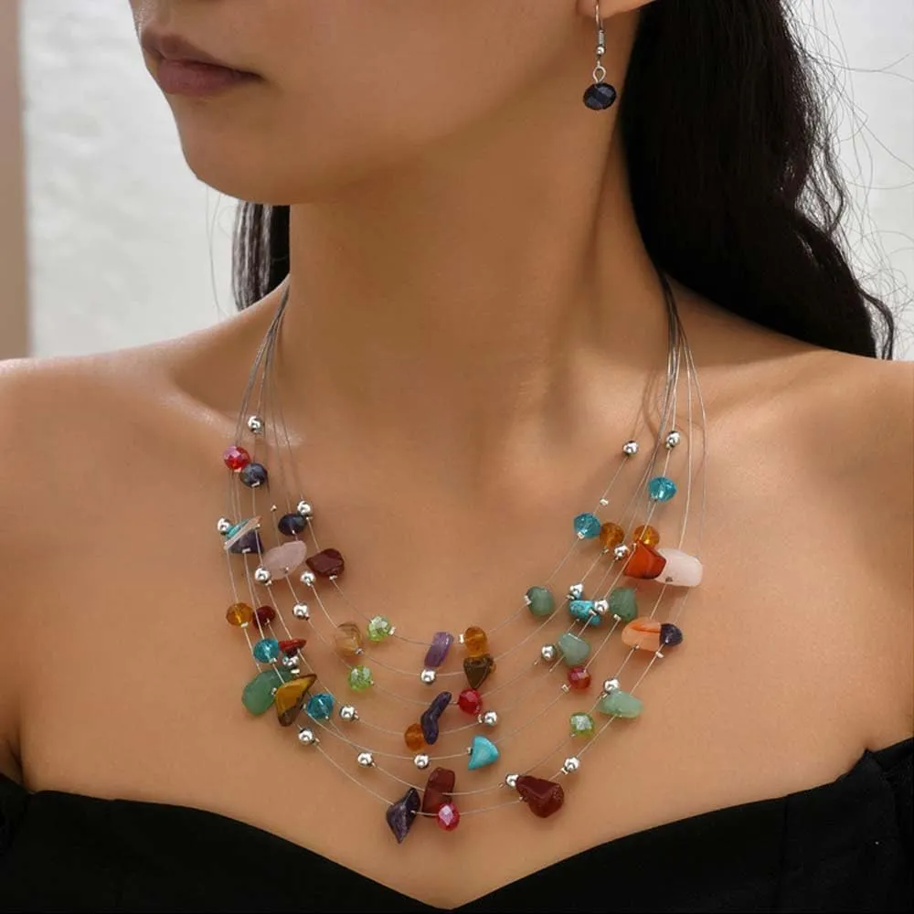 CJIAYUJEW Layered Beaded Necklace for Women Colorful Multi-Layer Statement Necklace and Earrings Set Fashion Costumes Jewelry Sets for Women
