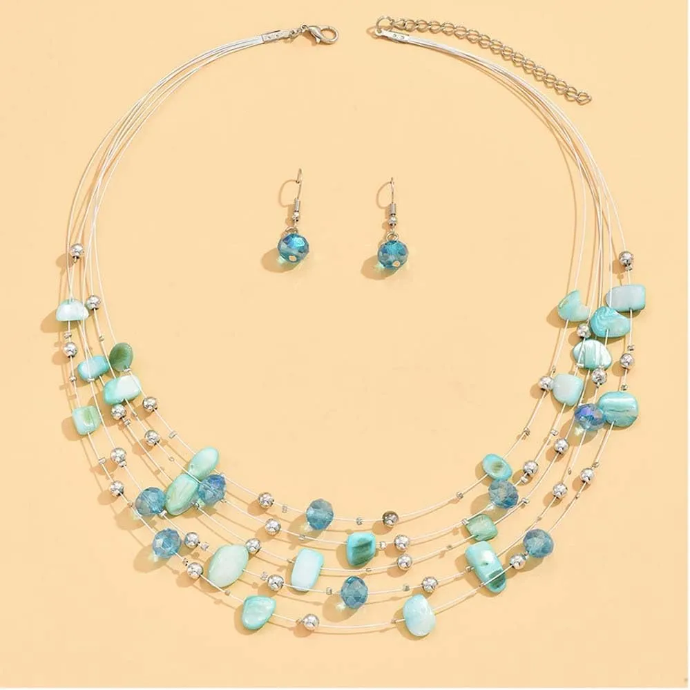 CJIAYUJEW Layered Beaded Necklace for Women Colorful Multi-Layer Statement Necklace and Earrings Set Fashion Costumes Jewelry Sets for Women