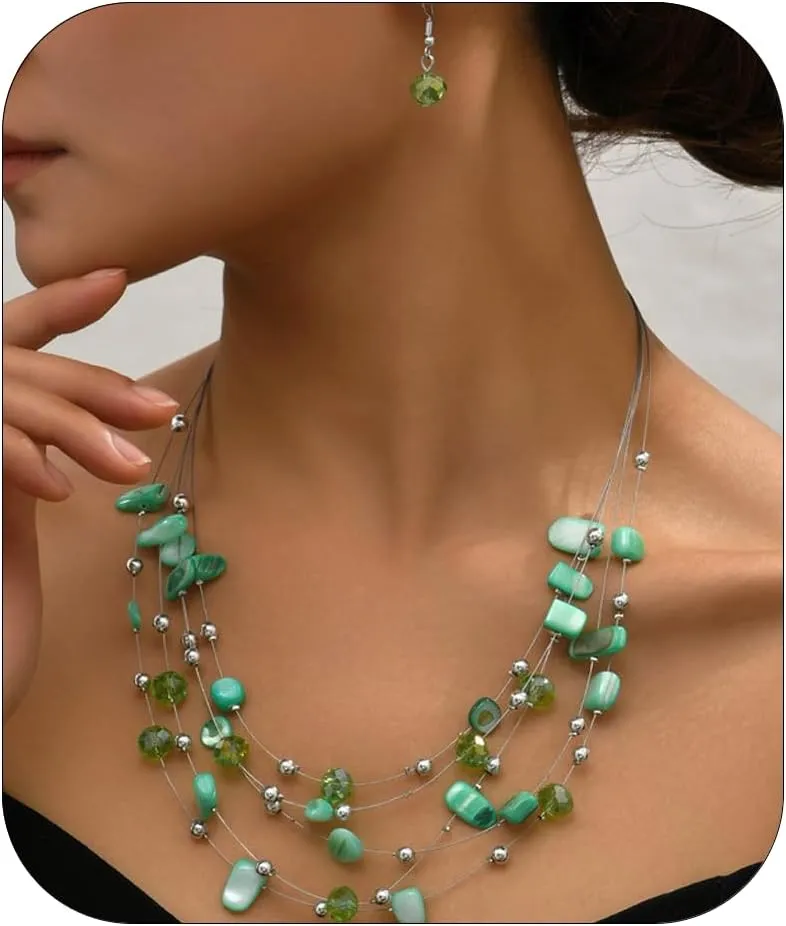 CJIAYUJEW Layered Beaded Necklace for Women Colorful Multi-Layer Statement Necklace and Earrings Set Fashion Costumes Jewelry Sets for Women