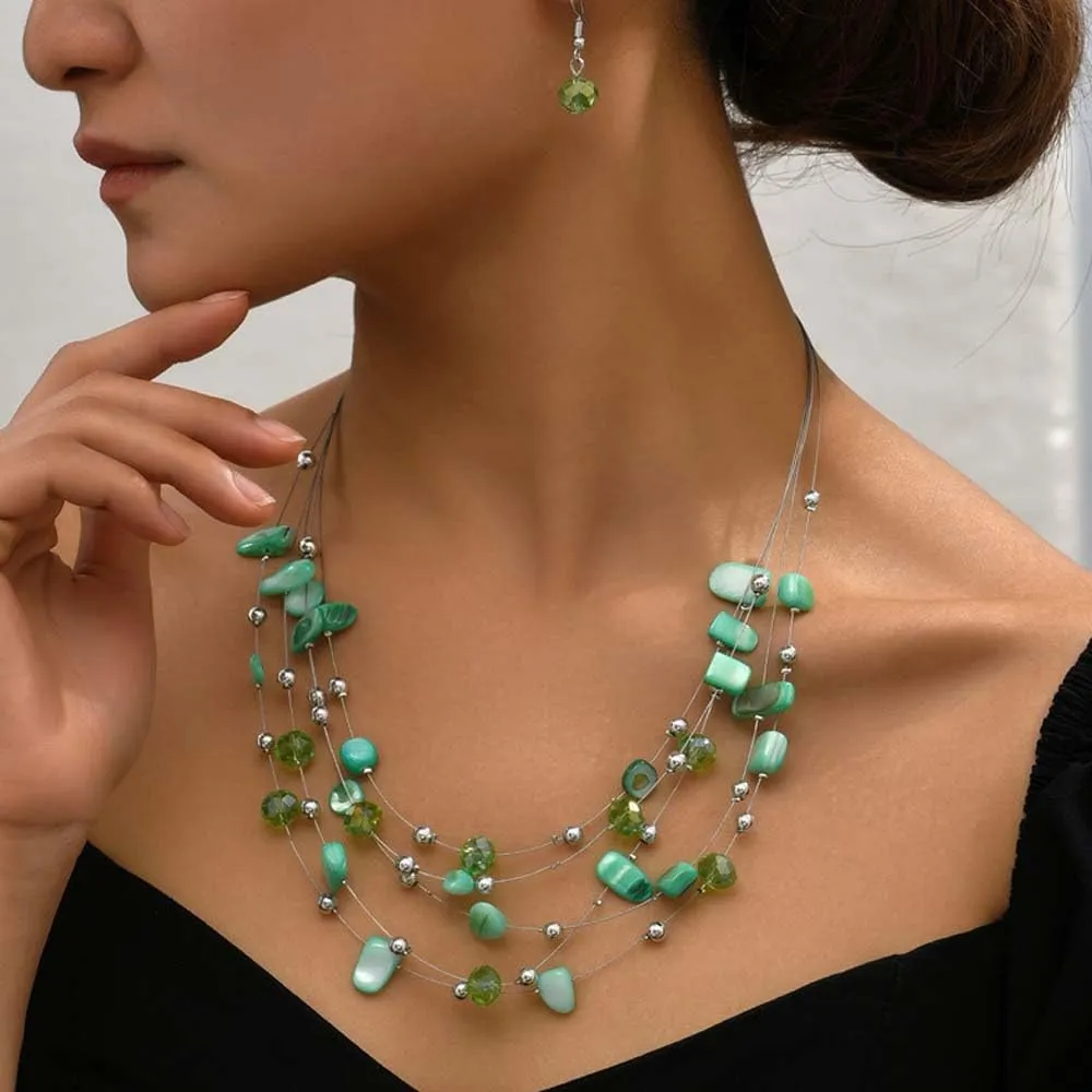 CJIAYUJEW Layered Beaded Necklace for Women Colorful Multi-Layer Statement Necklace and Earrings Set Fashion Costumes Jewelry Sets for Women
