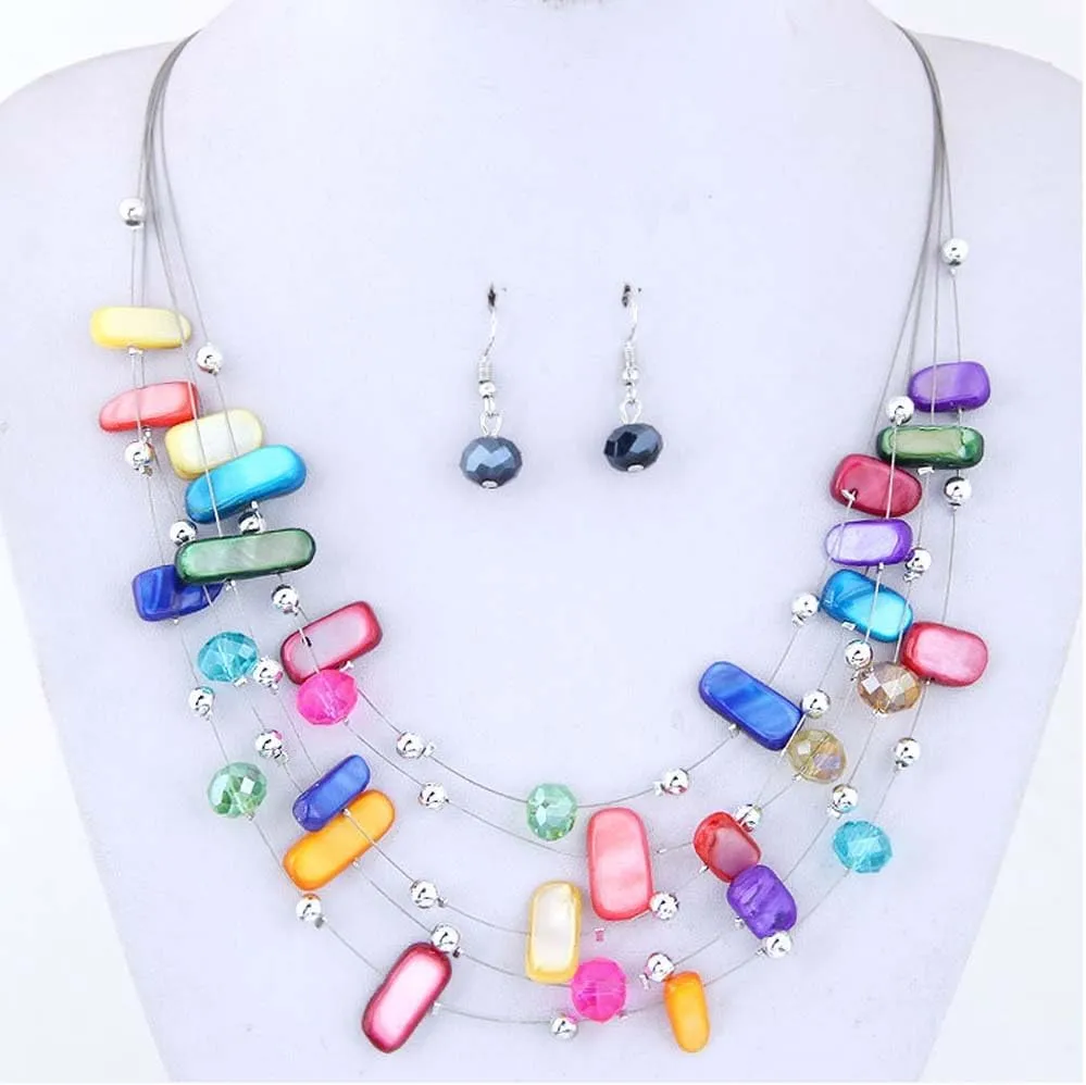 CJIAYUJEW Layered Beaded Necklace for Women Colorful Multi-Layer Statement Necklace and Earrings Set Fashion Costumes Jewelry Sets for Women
