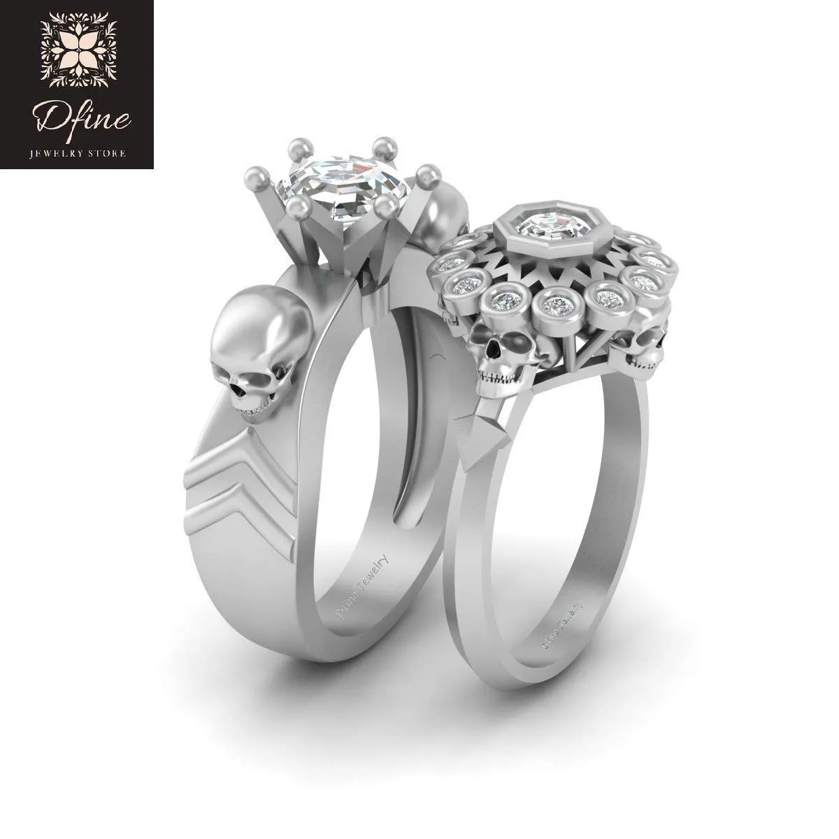 Classic Octagon Cut Diamond Matching Skull Rings, Gothic Geeky Skull Wedding Band Ring Set For Couples