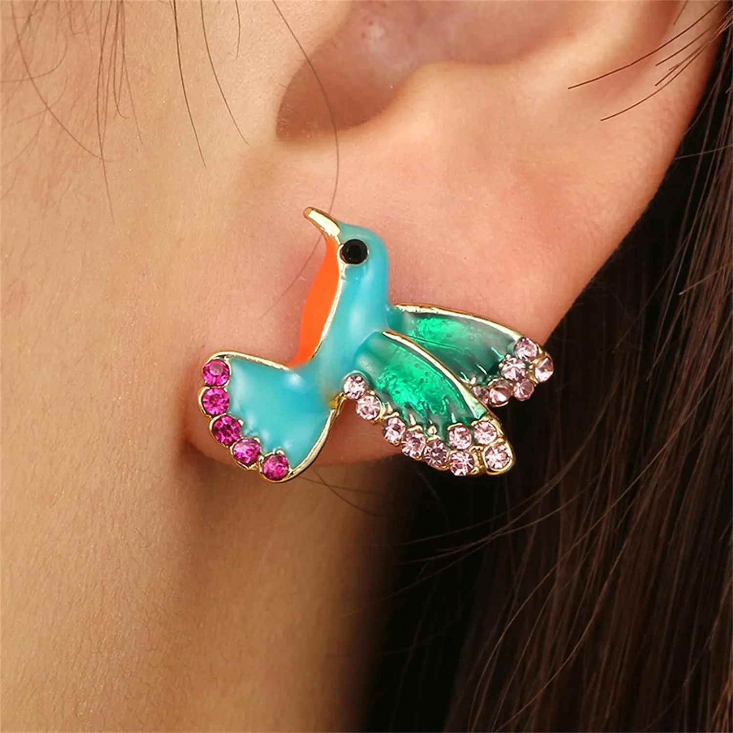 coadipress Colorful Bird Stud Earrings for Women Unique Cute Enamel Small Crystal Metal Flying Animal Magpie Hummingbird Statement Studs Jewelry