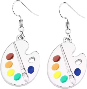 coadipress Unique Artist Paint Brush Earrings and Necklace Set for Women Design Enamel Paint Palette Charm Earrings Colorful Painter Jewelry Gift Art Teacher Gifts