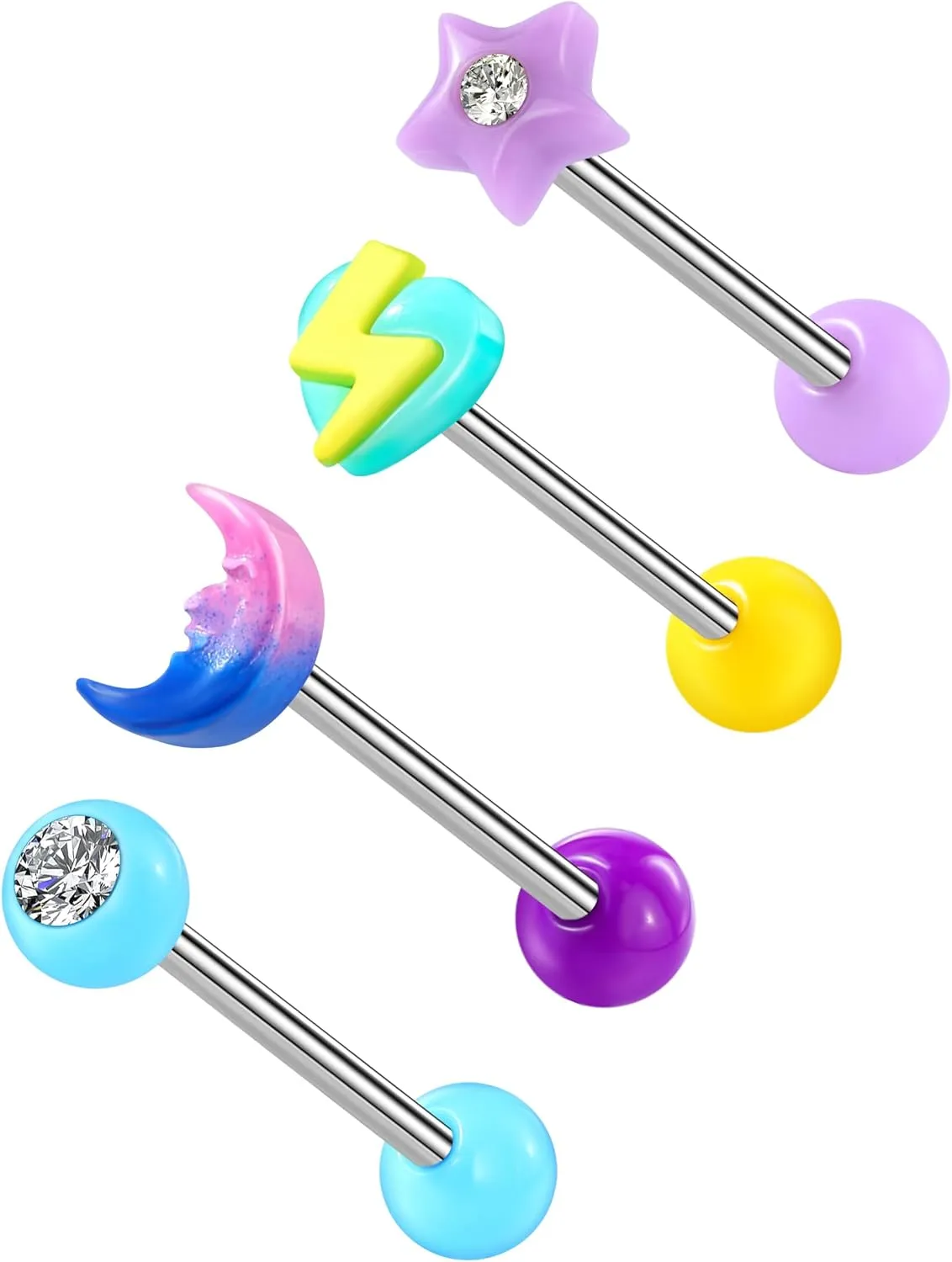 COCHARM 4PCS Acrylic Pink Blue Tongue Rings Plastic Ball Purple Blue Tongue Ring for Women UV Moon Star Lightning Tongue Barbell 14g Bright Color Fresh Tongue Piercing Jewelry