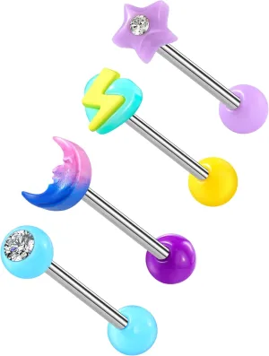 COCHARM 4PCS Acrylic Pink Blue Tongue Rings Plastic Ball Purple Blue Tongue Ring for Women UV Moon Star Lightning Tongue Barbell 14g Bright Color Fresh Tongue Piercing Jewelry