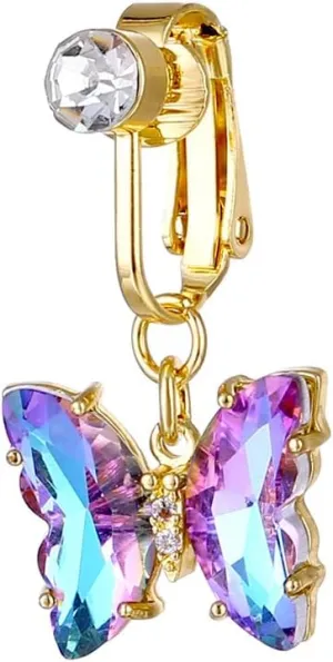 Colorful Butterfly Fake Belly Button Ring for Women 18K Gold Plated Stainless Steel Non Piercing Clip On Belly Navel Ring Dainty Fake Belly Jewelry