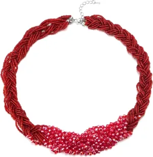COOLSTEELANDBEYOND Bright Red Crystal Braided Beads Chain Statement Necklace Multi-Layer Large Choker Collar