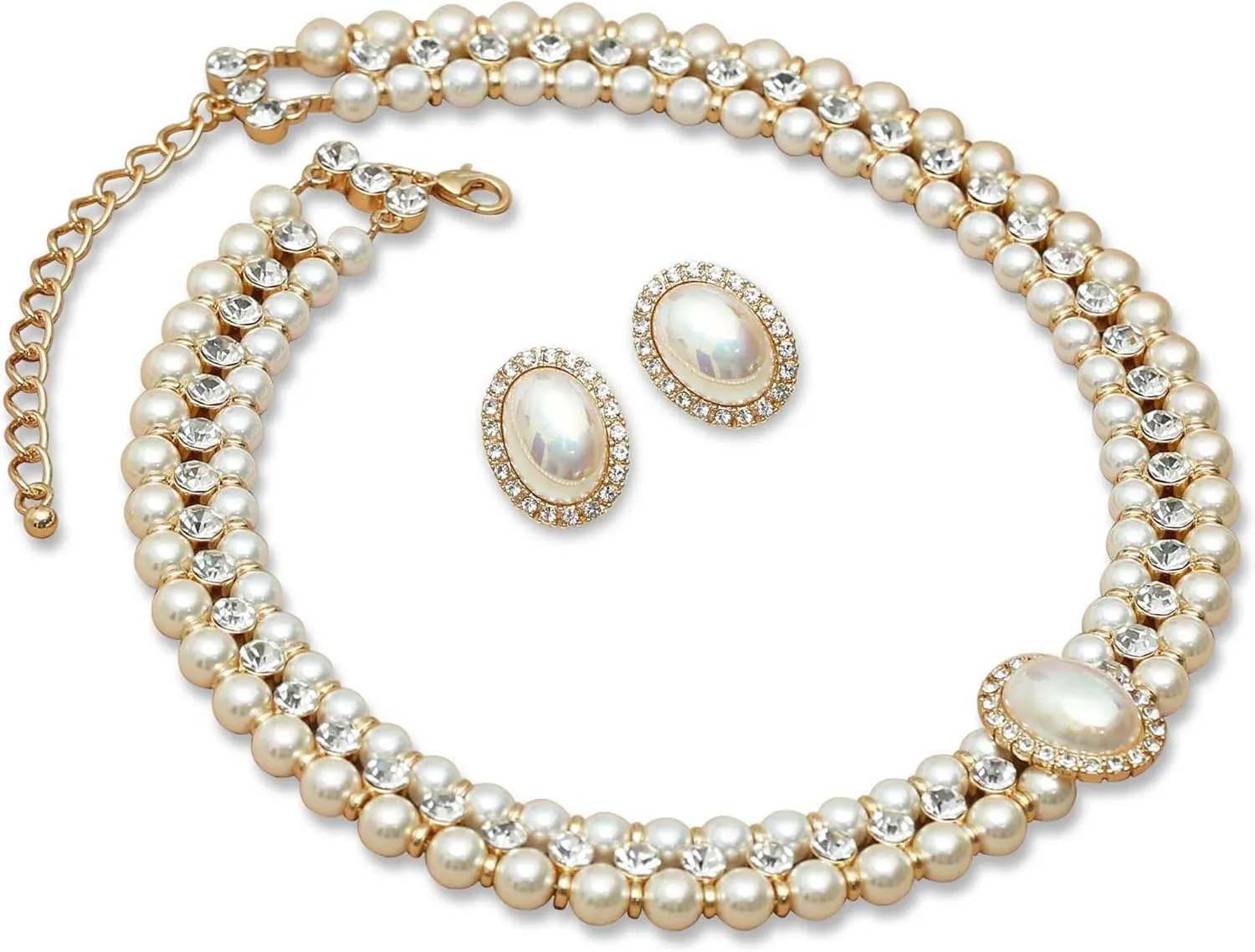 Costume Layered Twisted Gold Pearl Necklace Choker Chunky Glass Statement Pearl Necklace and Earring set, good gift for women Faux pearl necklace set imitation pearl necklace and earring