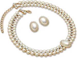 Costume Layered Twisted Gold Pearl Necklace Choker Chunky Glass Statement Pearl Necklace and Earring set, good gift for women Faux pearl necklace set imitation pearl necklace and earring