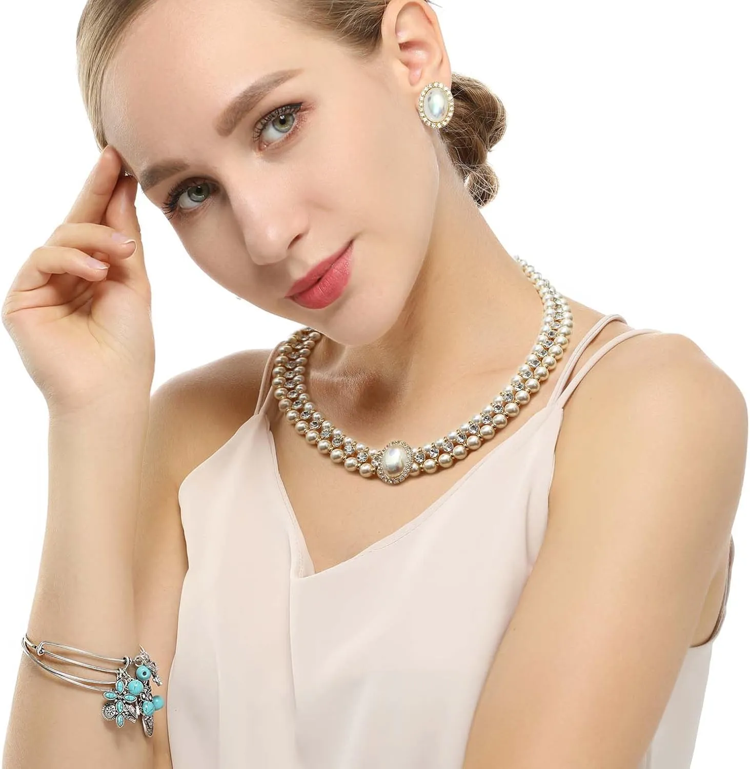 Costume Layered Twisted Gold Pearl Necklace Choker Chunky Glass Statement Pearl Necklace and Earring set, good gift for women Faux pearl necklace set imitation pearl necklace and earring