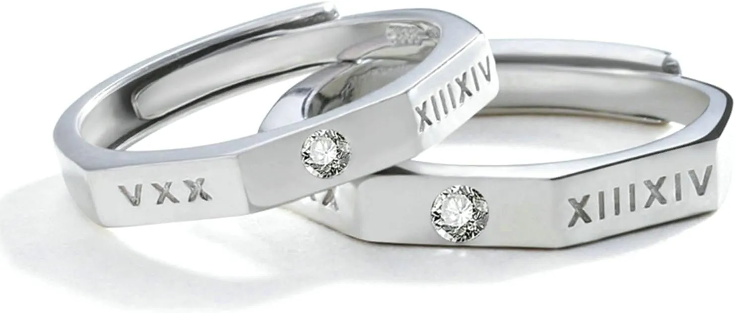 Couple Engagement Rings, Sterling Silver Rings Personalized Roman Numerals Cubic Zirconia Adjustable Couple Wedding Rings