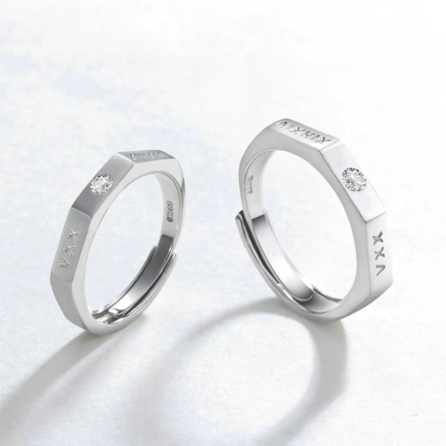 Couple Engagement Rings, Sterling Silver Rings Personalized Roman Numerals Cubic Zirconia Adjustable Couple Wedding Rings